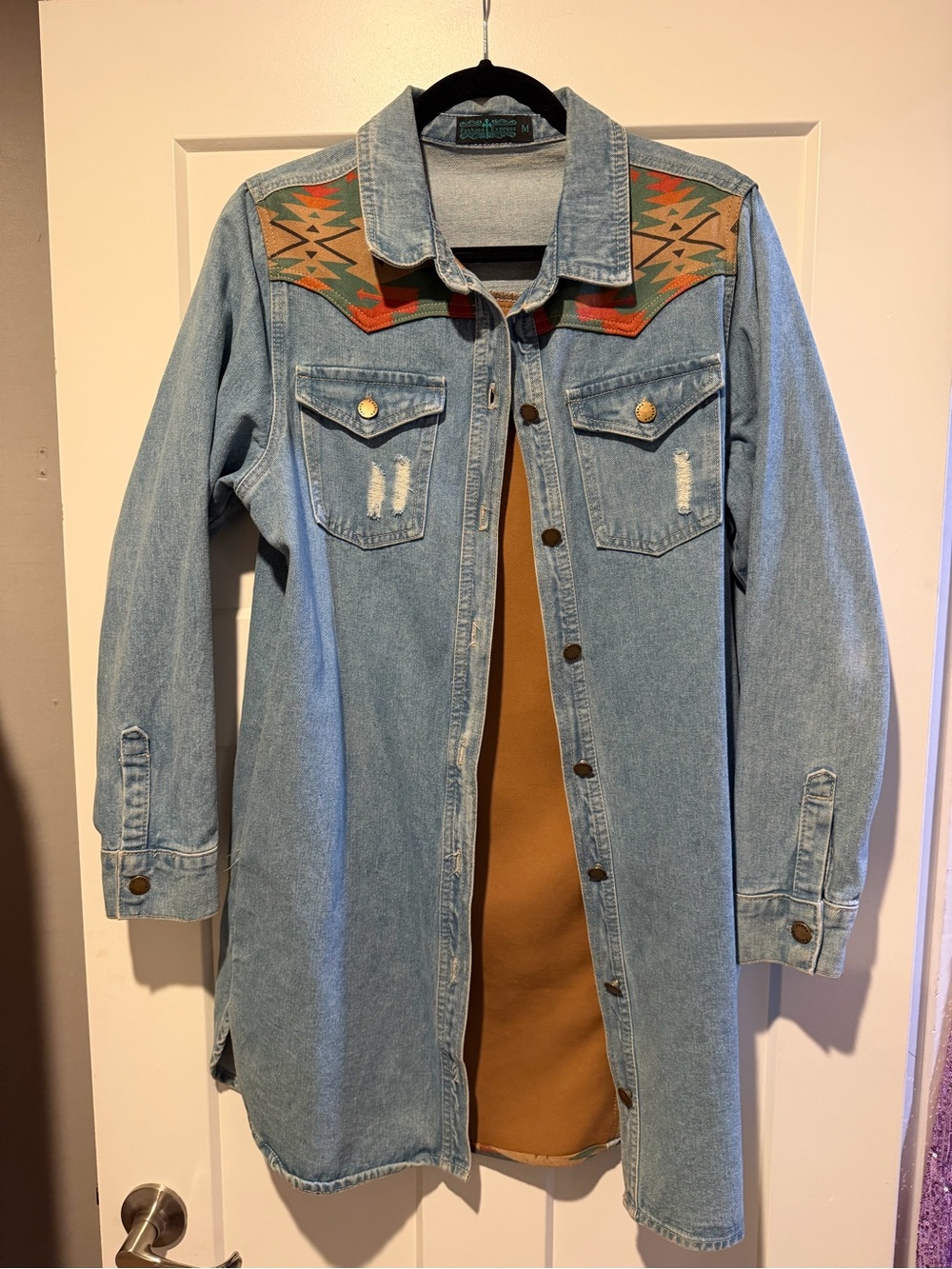 Denim Longline Jacket with Southwestern Yoke And Aztec Pattern- Light Blue